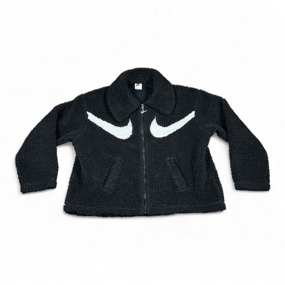 Nike Jacket Womens SMALL Black White Double Swoosh Fleece Sherpa Oversized Boxy - Picture 1 of 10